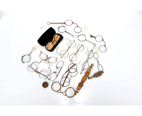 A Collection of Lorgnettes & Spectacles, 7 lorgnettes, (3 with enamel decoration to the handles) 3 pairs of pince-nez (one wi