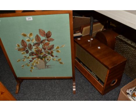 A Mayflower II radiogram; a Singer sewing machine; a brass coal box ; a firescreen
