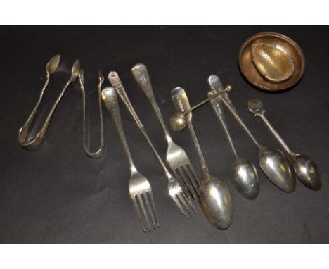 Silver Flatware - a pickle fork; fiddle pattern teaspoons, sugar bows,; etc approx 5oz 