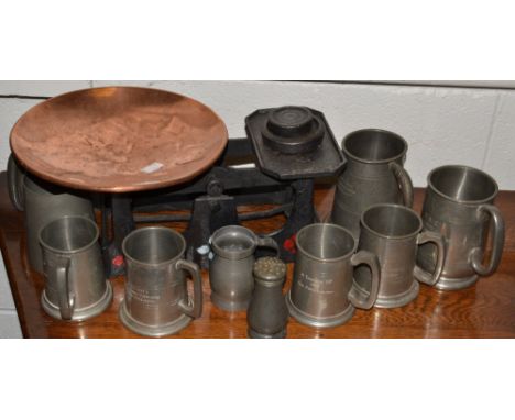 A set of 20th century kitchen scales; pewter mugs; wig duster 