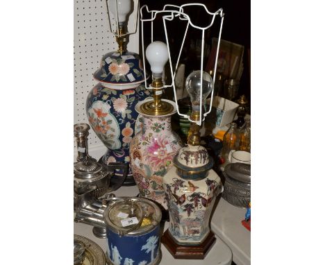 A Japanese Satsuma hexagonal ginger jar and cover, decorated with stylized foliage, now converted to a lamp, 40cm high; a Jap