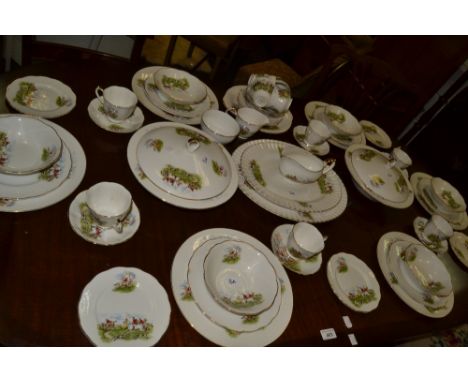 A Staffordshire part dinner service printed with a  hunting scene