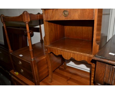 A mid twentieth century bedside cabinet; a two tier lamp table, turned supports, two drawers to base 