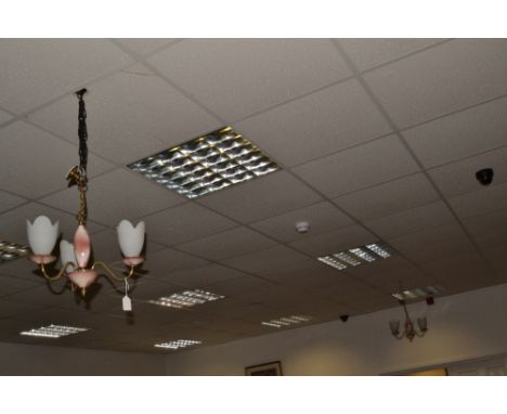 Lights - a pair of 20th century ceiling light fittings with three branches glass tulip shades   