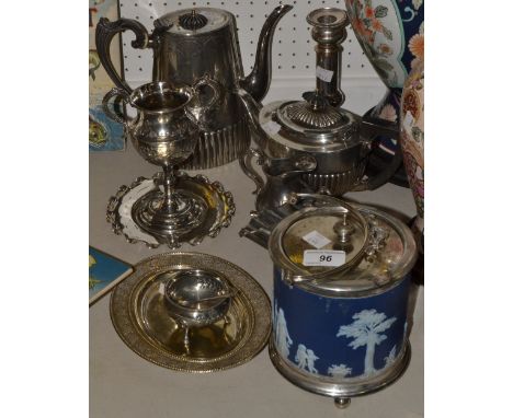 Silver plated Ware -  a Wedgewood Jasperware biscuit barrel; a table sugar scuttle, a silver plated teapot, ebonised finial, 