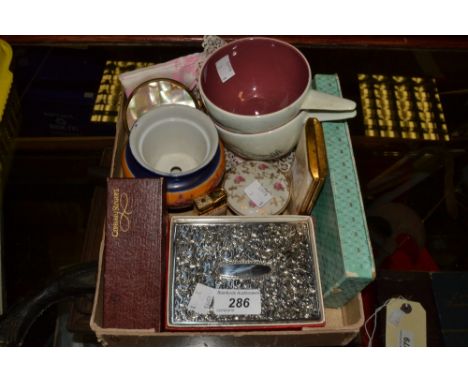 A lady's cigarette case  and lighter c.1950's;  a silver plated jewellery box and cover;  boxed Pompadour pearls; Conway Stew