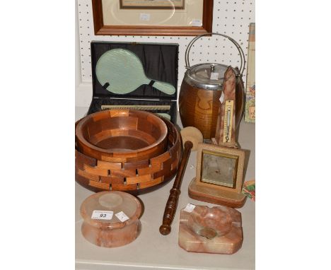 An alabaster desk thermometer;  a similar ashtray and powder bowl;  a wooden biscuit barrel;  etc 