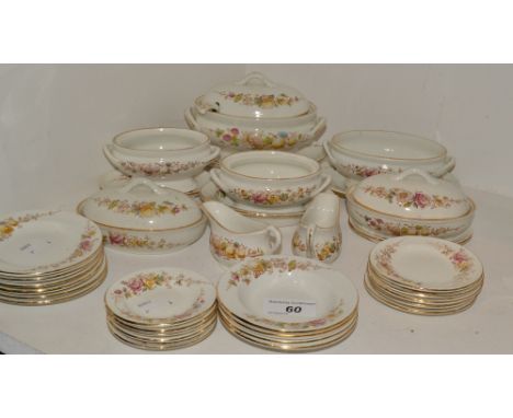 A Victorian child's doll's dinner service, printed in sepia and painted with garlands of flowers and autumnal fruit, comprisi