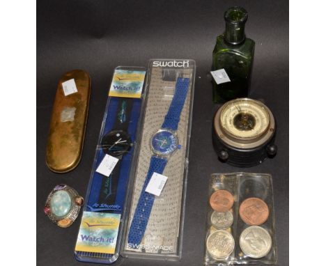 A brass glasses case; a table barometer , a ration book, pewter measures, coins;  etc 