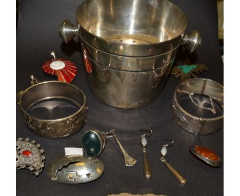 A small Elkington plate, ice bucket, a silver hinged bangle, another, a silver brooch stamped 925, a pair of moonstone drop e