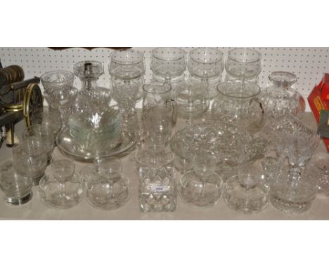 Glass - a cut lead crystal table lamp; a 20th century tazza, of plain design; a cut crystal flared trumpet vase; crystal cham