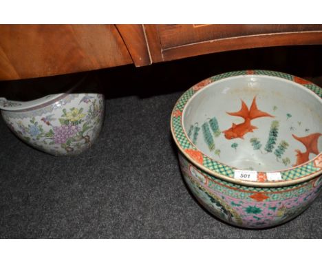 A Chinese famille rose fish bowl planter, decorated with four panels of figures within rose pink ground, 37.5cm diam;  anothe