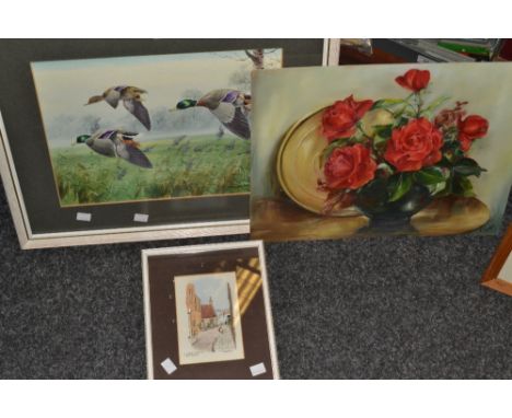 Robert Morten(Twentieth Century)
Flying Mallards
watercolour, signed, framed;
H Carter
Still life
oil on board, signed
anothe