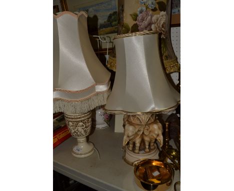 An Aynsley bottle vase lamp; a Florentine resin figure of a lady, as a lamp; an early 20th century porcelain elephant group l
