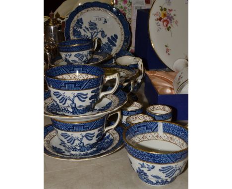 A Booths Real Old Real Willow tea set, for six, comprising teacups, saucers, side plates, milk jug, sugar bowl, egg cups