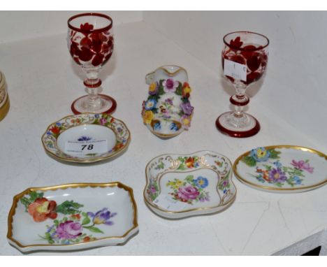 A Dresden floral encrusted shoe; trinket dishes, ruby flash sherry glasses ;  etc (7)