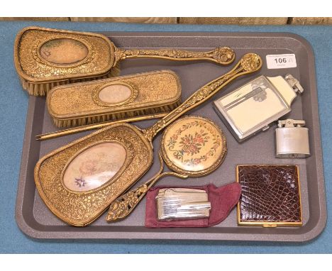 A Tray of collectables; Vintage dressing table set, Ladies compact and three various Ronson Lighters.