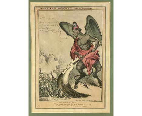 William Heath, hand coloured etching - 'Dedicated to the Commissioners of the Court of Bankrupts', 37cm x 25cm, in glazed fra