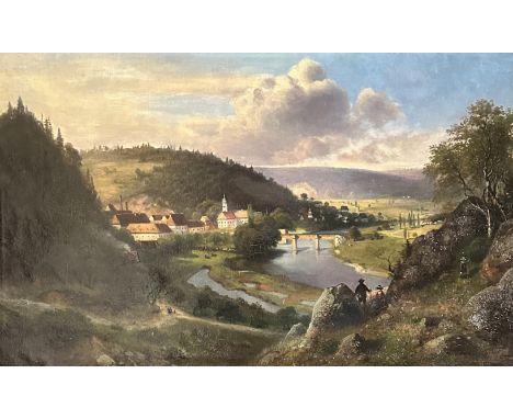 Johann Jakob Reinhardt (1835-1901), Blick von der Anhöhe auf Ortschaft mit Kirche und Brücke über dem Fluss, signiert, 45 x 7