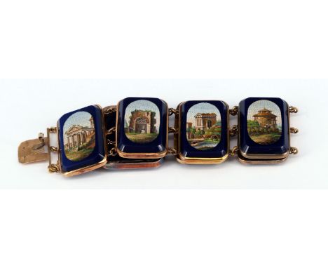 Italien, 19. Jh., Armband mit Pietra Dura Einlegearbeiten: 7 Mikromosaik Architekturszenen auf blauem Glas, u.a. Kolosseum un