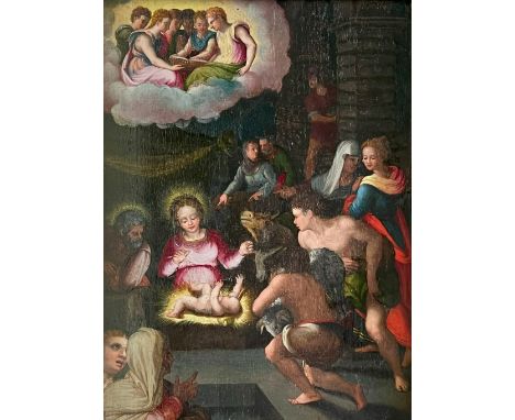 Unbekannter deutsch-italienischer Künstler, 17./18. Jh., Anbetung der Hirten: Maria und das Jesulein vom Licht erstrahlt, ver