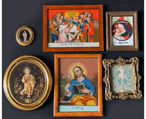 6 x sakrale Objekte Hinterglasbilder und Klosterarbeiten, 18./ 19. Jh., Altersspuren, Farbverluste: Collage mit dem Jesusknab