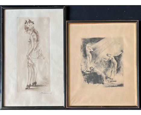 2 Druckgraphiken: Max Brüning (1887-1968), Barbusiges Mädchen in schwarzen Pumps und mit Schleife an Haar und Bein, einen Ted