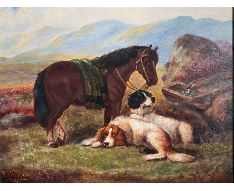 Robert CLEMINSON (act.c.1864-c.1903), Moorland Pony mit zwei Hunden an der Tränke in einer Landschaft, signiert und datiert 1