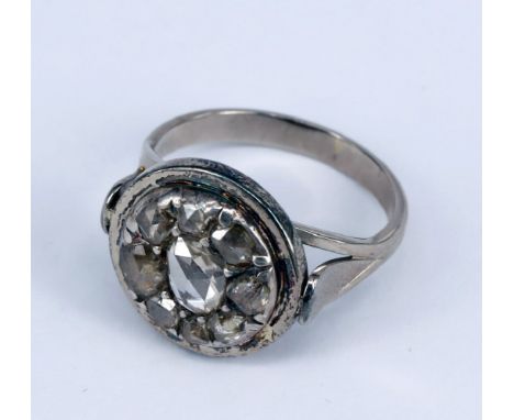 Diamantring mit holländischen Rosen, ca 1800, 750er WG (geprüft) und Silber, Schiene später, RG55, 6,22 g. / Diamond ring wit