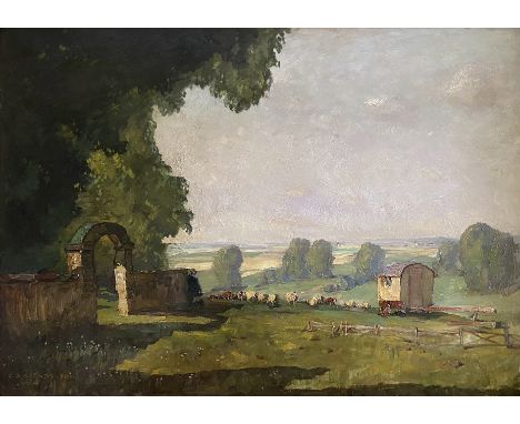 Carl Oskar Arends (1863-1932), Schäfer mit seiner Herde vor einem Schlosspark im Sommerlicht, signiert und datiert "(19)30", 