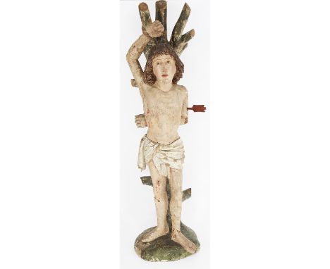 Hl. Sebastian, 15./16. Jh., Süddeutsch, beide Arme sind an den Baum gebunden, in der Tradition des Schmerzensmanns, feine Sch