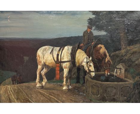 Willy Brandes. Reiter mit Pferden an der Tränke bei abnehmendem Mond. Signiert, Öl/Lwd, 81 x 120 cm /  Willy Brandes. Rider w
