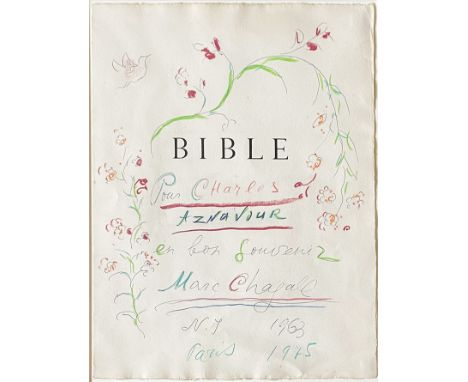 Marc Chagall (1887 - 1985): Zeichnung in Kugelschreiber und Kreide (Blütenranken und Vögelchen) sowie Widmung des Künstlers a