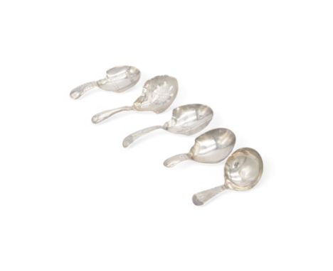 Five Georgian and later silver caddy spoons, comprising a circular example George III with pin prick decoration and engraved 