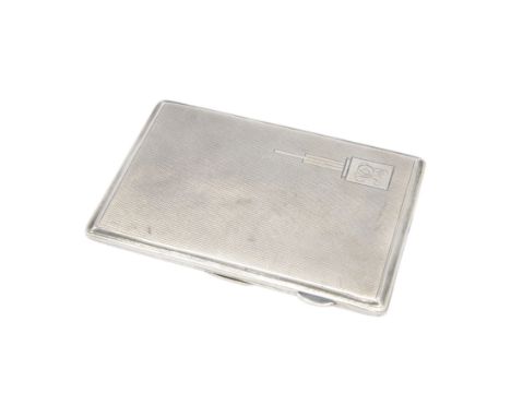 1930s silver cigarette case, of rectangular form, with engine turned decoration and engraved cartouche, hallmarked Mayes, Mil
