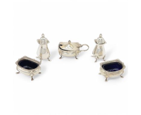 Mid 20th century silver five piece cruet set, comprising pair of pepper shakers, pair of open salts and mustard pot with cove