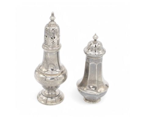 Two early 20th century silver sugar casters, the first an Edwardian example of faceted urn form, hallmarked Sibray, Hall & Co