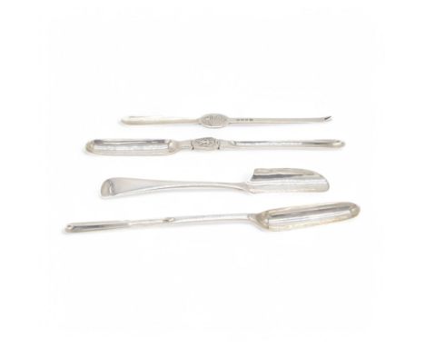 Four silver marrow scoops/lobster picks, to include a Victorian Old English pattern marrow scoop with slightly serrated edge,