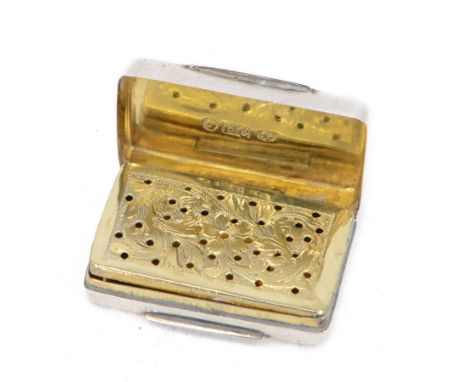 William IV silver vinaigrette, of rectangular form with engine turned decoration to hinged cover, opening to reveal gilt inte