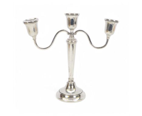 Modern silver mounted three branch candelabra, of tapering form and upon circular foot, hallmarked Laurence R Watson & Co, Bi