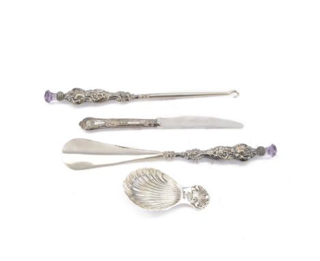 Mid 20th century silver caddy spoon, with palmette bowl and handle, hallmarked A Chick & Sons Ltd, London 1966, together with