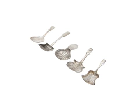 Five Georgian and later silver caddy spoons, including a William IV example with pin prick decoration, hallmarked George Unit