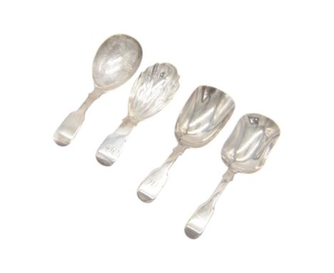 Four William IV and later silver Fiddle pattern caddy spoons, including a Victorian example with fluted bowl, hallmarked Will