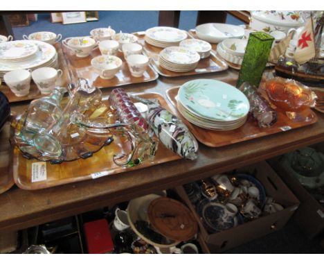 Two trays of mainly assorted glassware items to include;  carnival glass pedestal bowl, white friars style square section vas