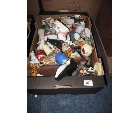 Tray of assorted china to include various ceramic and pottery animals including chickens, owls, cats, cows, dogs etc., souven