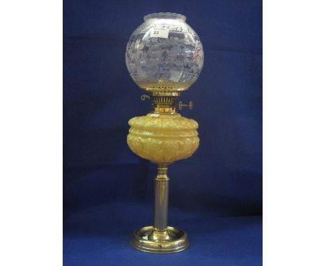 Early 20th Century brass double burner oil lamp with coloured moulded glass reservoir on brass pedestal base.  Etched glass s