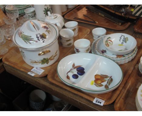 Two trays of Royal Worcester Evesham oven to tableware items comprising; large lidded casserole dish, ramekins, tea pot, flan
