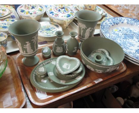 Tray of various Wedgwood green and white Jasper ware items decorated with classical figures etc. comprising pair of urn shape