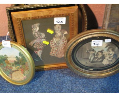 19th Century silk embroidered portrait study of two children, two restrike prints of children in oval frames, modern silk fas