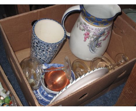 Box of assorted china and glass to include; Pearl pottery bird decorated jug, Woods Burslem Chung tapering vase, Spode 'The B